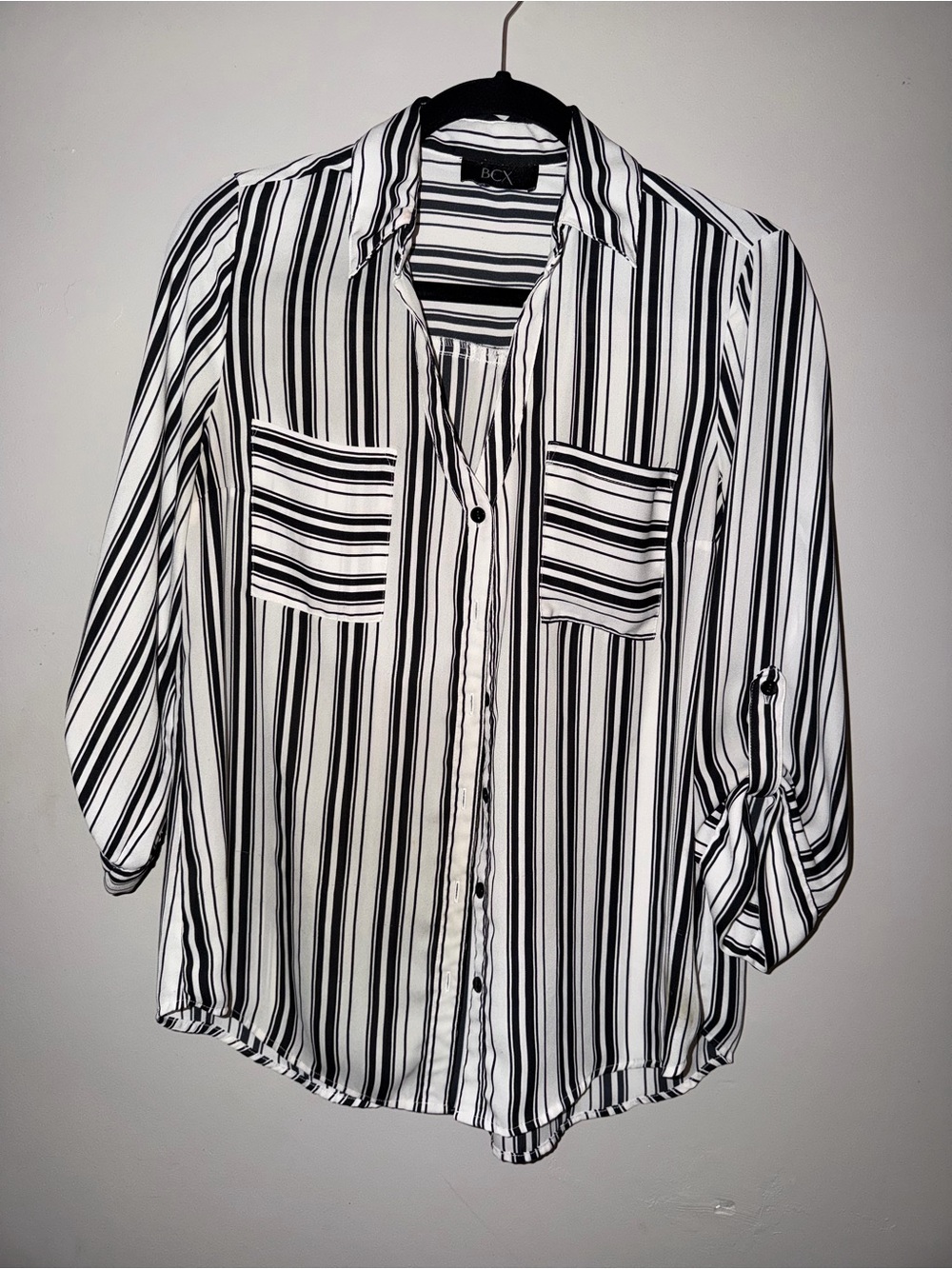 BCX Black and White Vertical-Strip Button Down Shirt